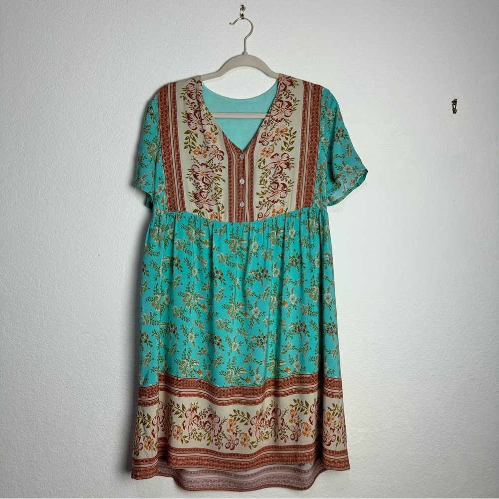 Mixed Print Floral Dress Womens L Boho Summer Soft Viscose Short Sleeve MIDI